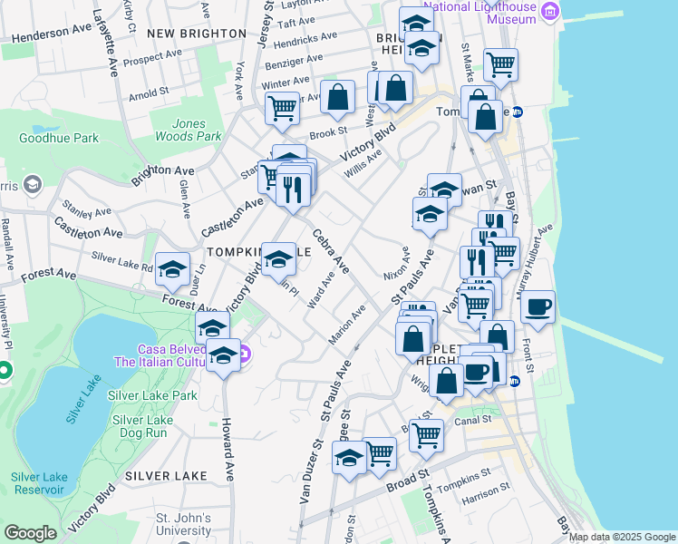 map of restaurants, bars, coffee shops, grocery stores, and more near 187 Ward Avenue in Staten Island