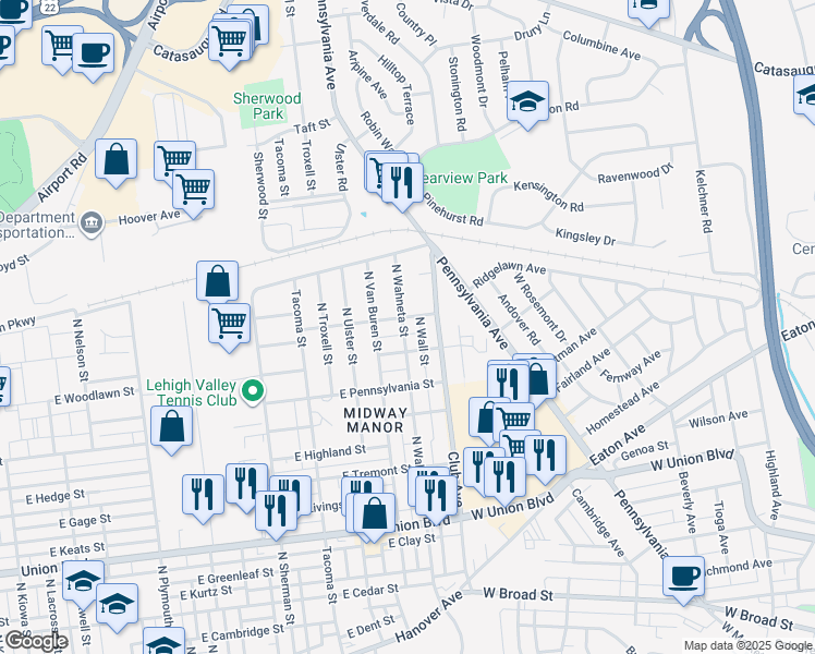 map of restaurants, bars, coffee shops, grocery stores, and more near 2304 E Fairmont St in Allentown