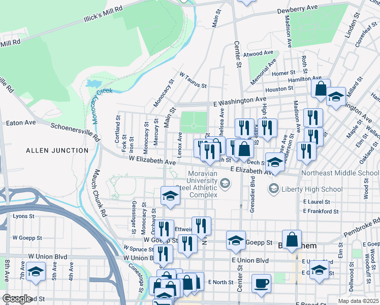 map of restaurants, bars, coffee shops, grocery stores, and more near 37 West Greenwich Street in Bethlehem