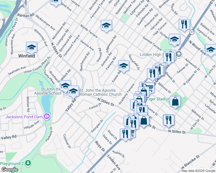 map of restaurants, bars, coffee shops, grocery stores, and more near 701 Exeter Road in Linden