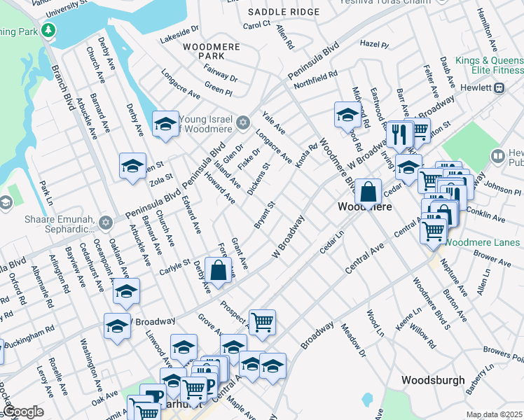 map of restaurants, bars, coffee shops, grocery stores, and more near 333 Island Avenue in Woodmere