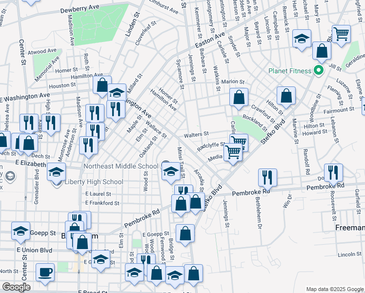 map of restaurants, bars, coffee shops, grocery stores, and more near 734 East Washington Avenue in Bethlehem