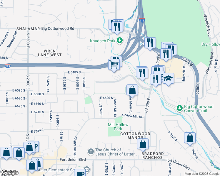 map of restaurants, bars, coffee shops, grocery stores, and more near 2800 Cottonwood Parkway in Cottonwood Heights