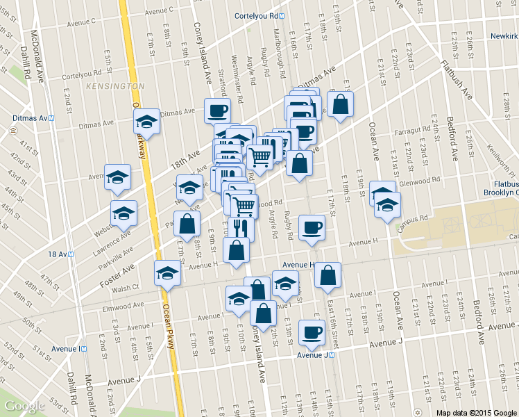 map of restaurants, bars, coffee shops, grocery stores, and more near 1212 Glenwood Road in Brooklyn