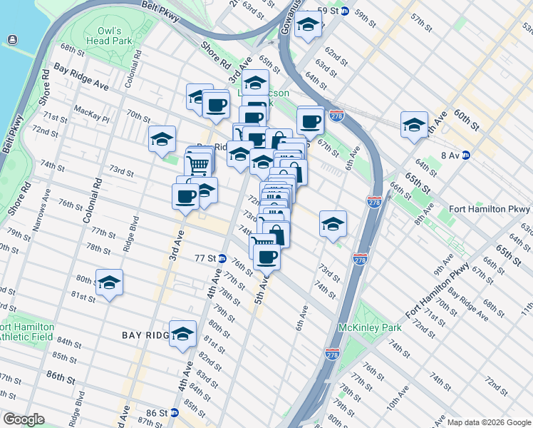 map of restaurants, bars, coffee shops, grocery stores, and more near 429 73rd Street in Brooklyn