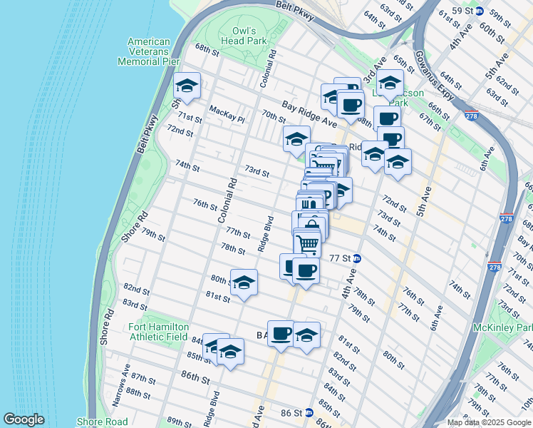 map of restaurants, bars, coffee shops, grocery stores, and more near 168 Bay Ridge Parkway in Brooklyn