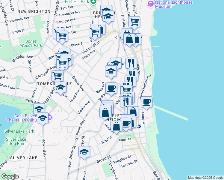 map of restaurants, bars, coffee shops, grocery stores, and more near 225 Saint Pauls Avenue in Staten Island