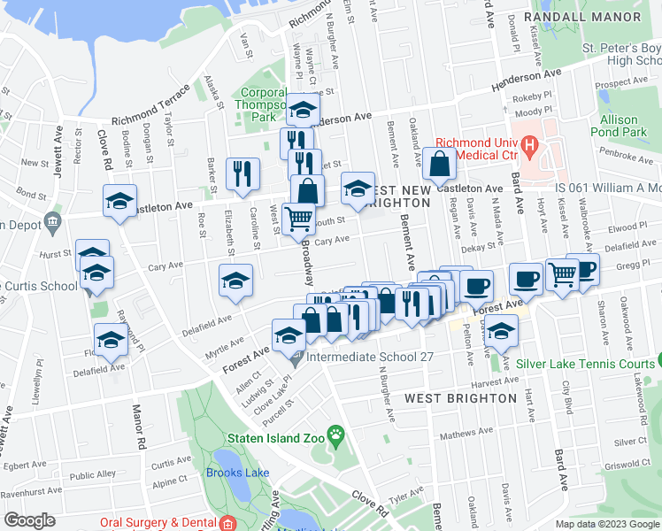 map of restaurants, bars, coffee shops, grocery stores, and more near 27 Seneca Street in Staten Island