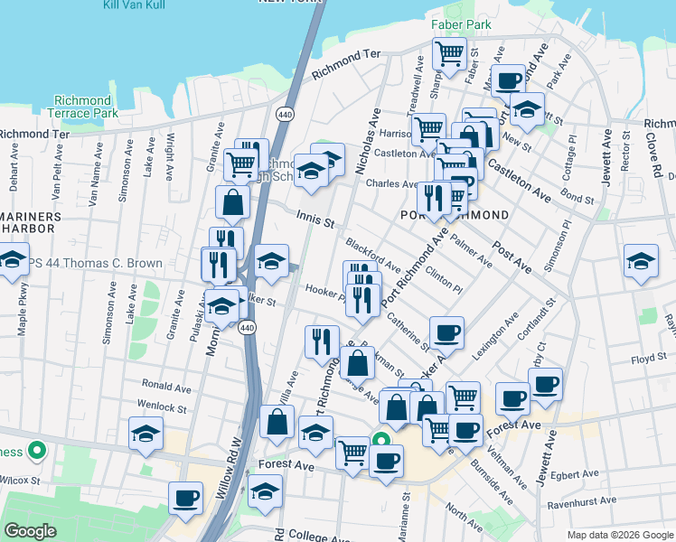 map of restaurants, bars, coffee shops, grocery stores, and more near 322 Nicholas Avenue in Staten Island