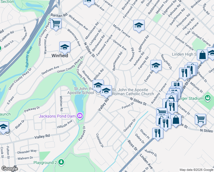 map of restaurants, bars, coffee shops, grocery stores, and more near 1207-3 Stockton Circle in Linden