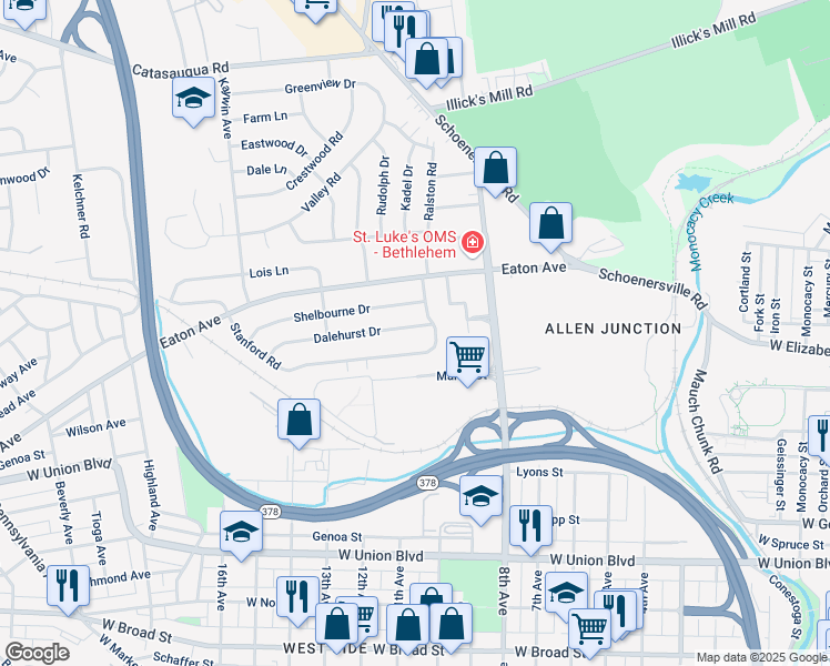 map of restaurants, bars, coffee shops, grocery stores, and more near 1229 Dalehurst Drive in Bethlehem