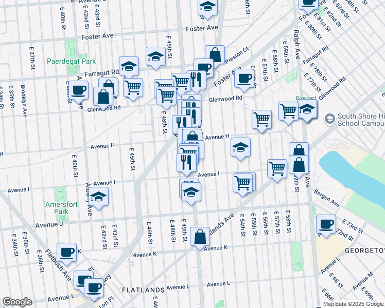 map of restaurants, bars, coffee shops, grocery stores, and more near 1186 East 51st Street in Brooklyn
