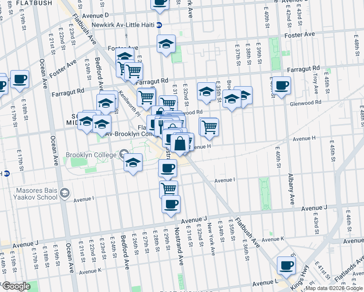 map of restaurants, bars, coffee shops, grocery stores, and more near 1597 Flatbush Avenue in Brooklyn