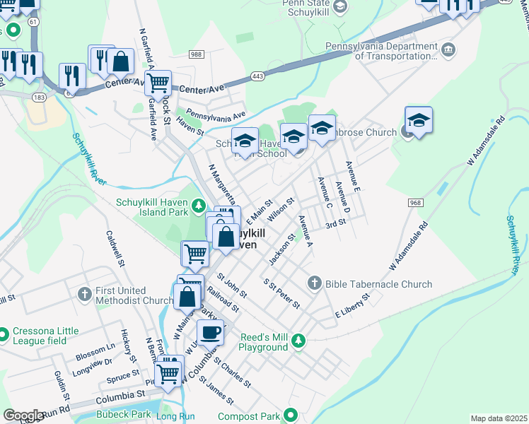map of restaurants, bars, coffee shops, grocery stores, and more near 412 East Main Street in Schuylkill Haven