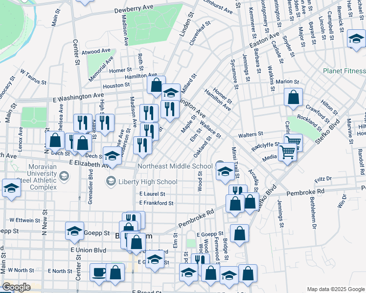map of restaurants, bars, coffee shops, grocery stores, and more near 1439 Elm Street in Bethlehem