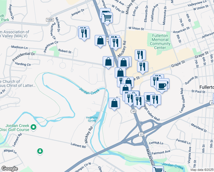 map of restaurants, bars, coffee shops, grocery stores, and more near 795 Mickley Avenue in Fullerton