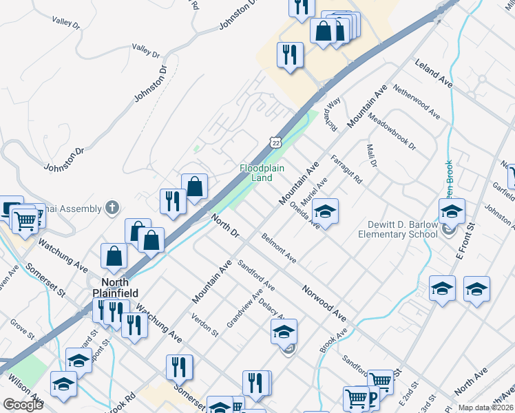 map of restaurants, bars, coffee shops, grocery stores, and more near 270 Leonard Place in North Plainfield