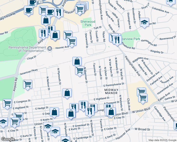 map of restaurants, bars, coffee shops, grocery stores, and more near 1904 East Jonathan Street in Allentown