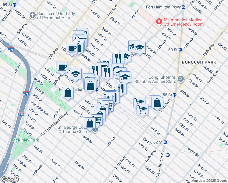 map of restaurants, bars, coffee shops, grocery stores, and more near 1050 60th Street in Brooklyn