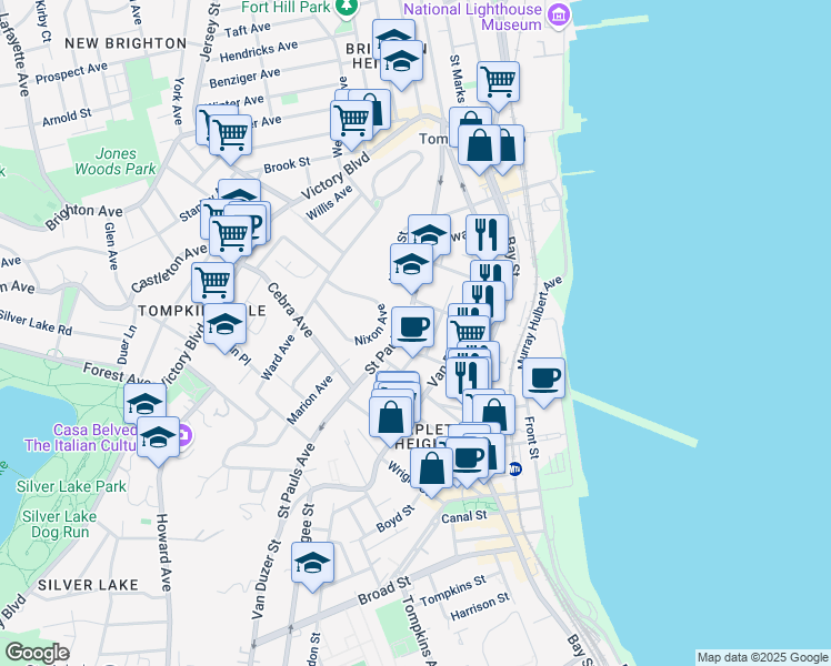 map of restaurants, bars, coffee shops, grocery stores, and more near 225 Saint Pauls Avenue in Staten Island