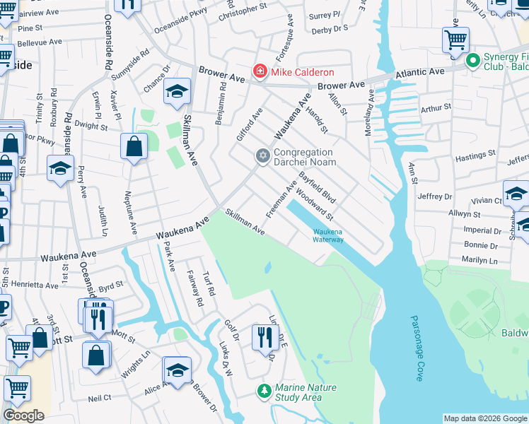 map of restaurants, bars, coffee shops, grocery stores, and more near 425 Freeman Avenue in Oceanside