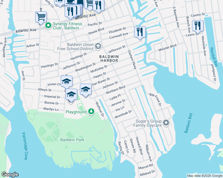 map of restaurants, bars, coffee shops, grocery stores, and more near 987 Northern Boulevard in Baldwin