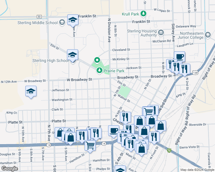 map of restaurants, bars, coffee shops, grocery stores, and more near 603 North Division Avenue in Sterling