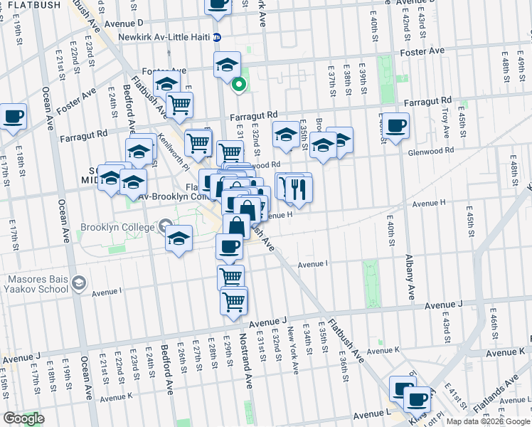 map of restaurants, bars, coffee shops, grocery stores, and more near 793 East 32nd Street in Brooklyn