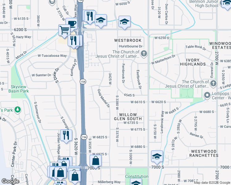 map of restaurants, bars, coffee shops, grocery stores, and more near 6562 South Westbrook Drive in Taylorsville