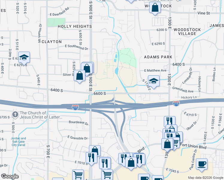 map of restaurants, bars, coffee shops, grocery stores, and more near 975 East 6600 South in Murray