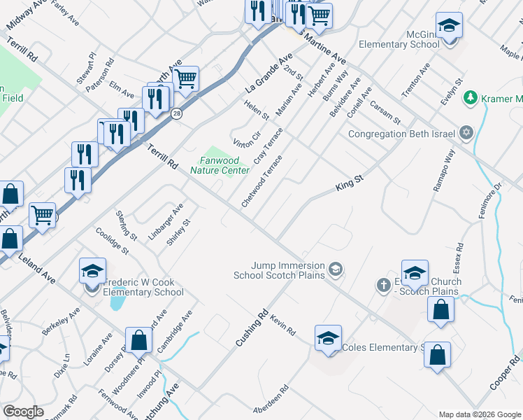 map of restaurants, bars, coffee shops, grocery stores, and more near 26 Kempshall Terrace in Fanwood