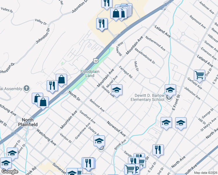 map of restaurants, bars, coffee shops, grocery stores, and more near 250 Muriel Avenue in North Plainfield