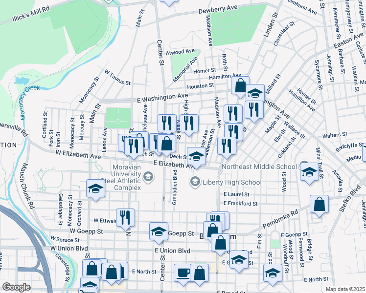 map of restaurants, bars, coffee shops, grocery stores, and more near 1345 High Street in Bethlehem