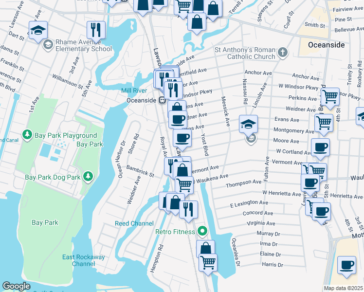 map of restaurants, bars, coffee shops, grocery stores, and more near 3249 Lawson Boulevard in Oceanside