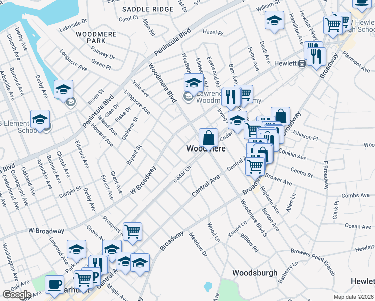 map of restaurants, bars, coffee shops, grocery stores, and more near 221 Club Drive in Woodmere