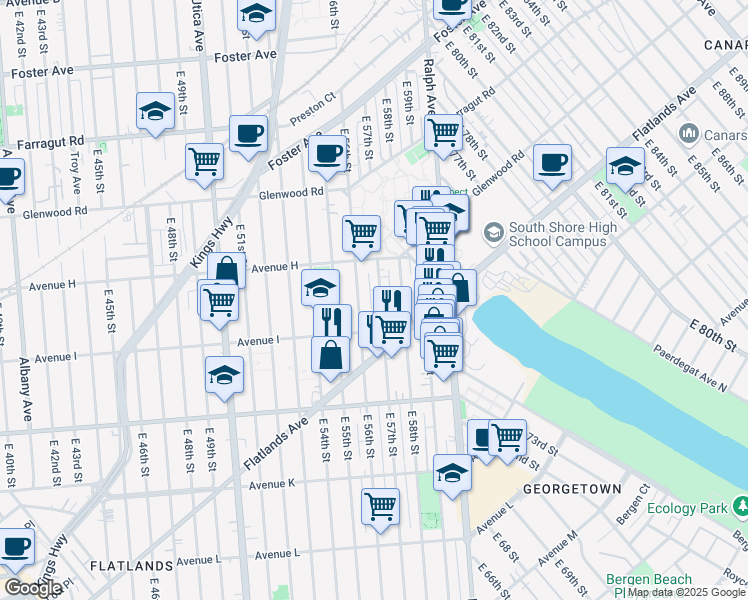 map of restaurants, bars, coffee shops, grocery stores, and more near 854 East 57th Street in Brooklyn