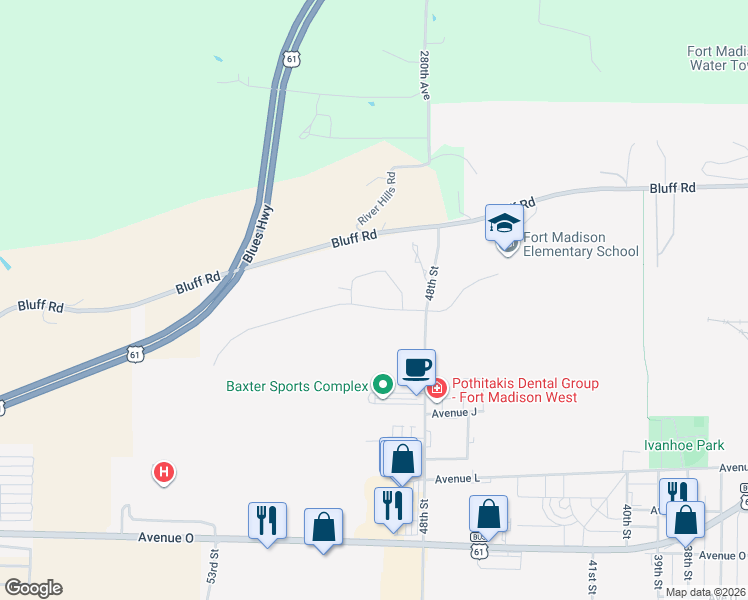 map of restaurants, bars, coffee shops, grocery stores, and more near 4833 River Valley Road in Fort Madison