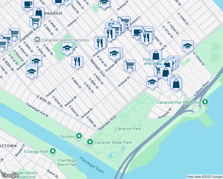 map of restaurants, bars, coffee shops, grocery stores, and more near 8911 Avenue North in Brooklyn