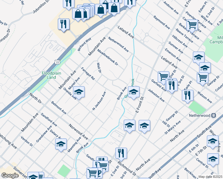 map of restaurants, bars, coffee shops, grocery stores, and more near 104 Farragut Rd in North Plainfield