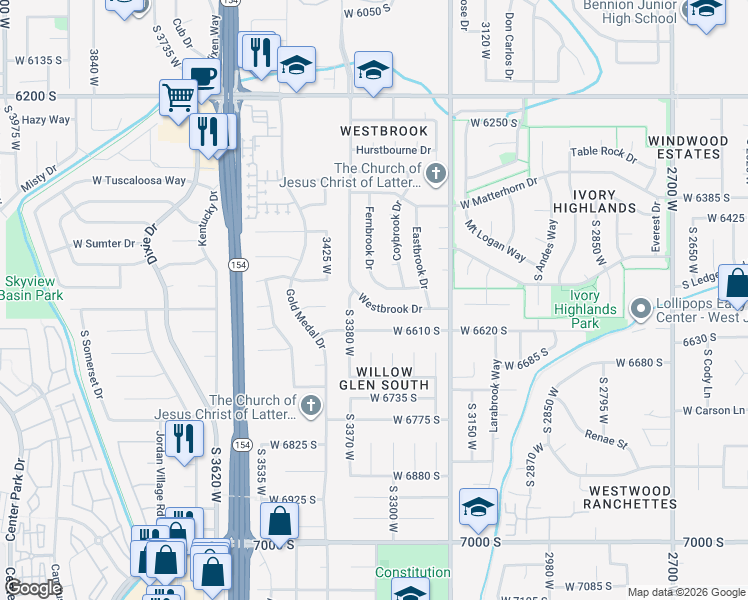 map of restaurants, bars, coffee shops, grocery stores, and more near 3344 Westbrook Drive South in Taylorsville