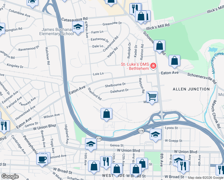 map of restaurants, bars, coffee shops, grocery stores, and more near 1105 Kimberly Road in Bethlehem