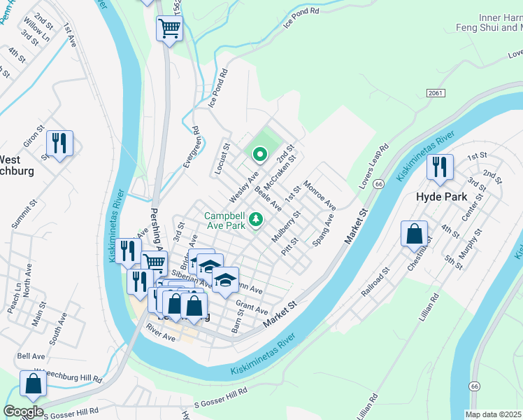 map of restaurants, bars, coffee shops, grocery stores, and more near 262 Beale Avenue in Leechburg