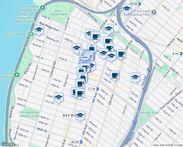 map of restaurants, bars, coffee shops, grocery stores, and more near 326 74th Street in Brooklyn