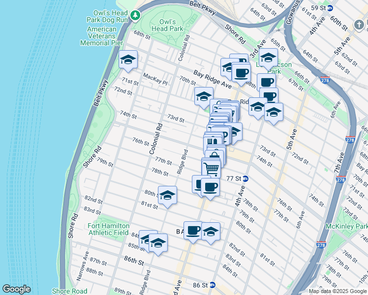 map of restaurants, bars, coffee shops, grocery stores, and more near 7502 Ridge Boulevard in Brooklyn