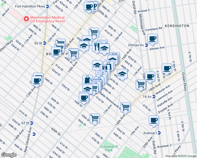 map of restaurants, bars, coffee shops, grocery stores, and more near 1552 48th Street in Brooklyn