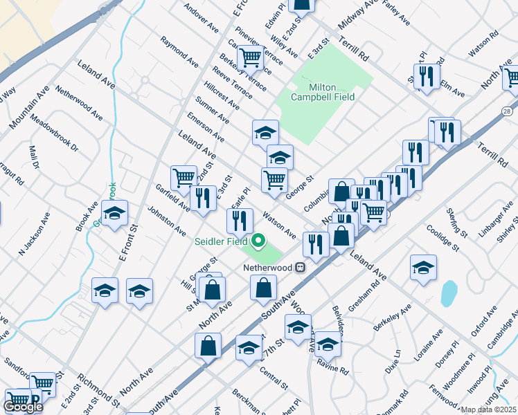 map of restaurants, bars, coffee shops, grocery stores, and more near 279 Watson Avenue in Plainfield