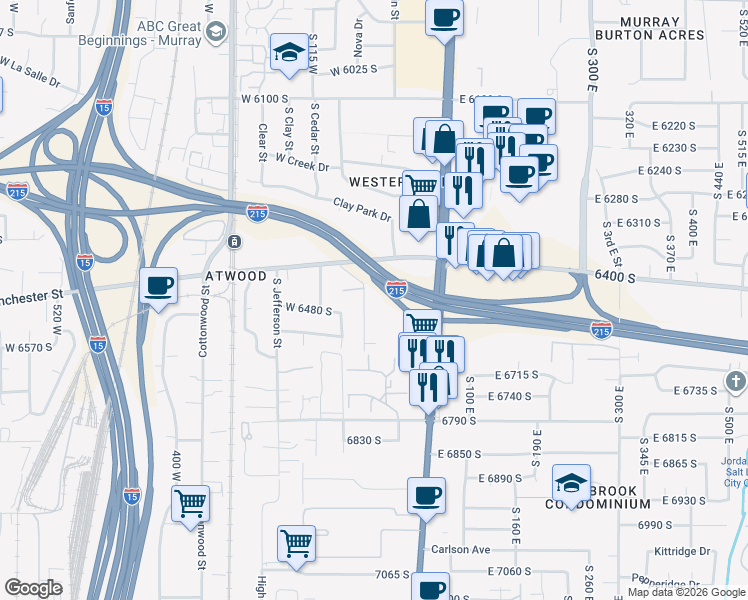 map of restaurants, bars, coffee shops, grocery stores, and more near 6375 South Malstrom Lane in Murray