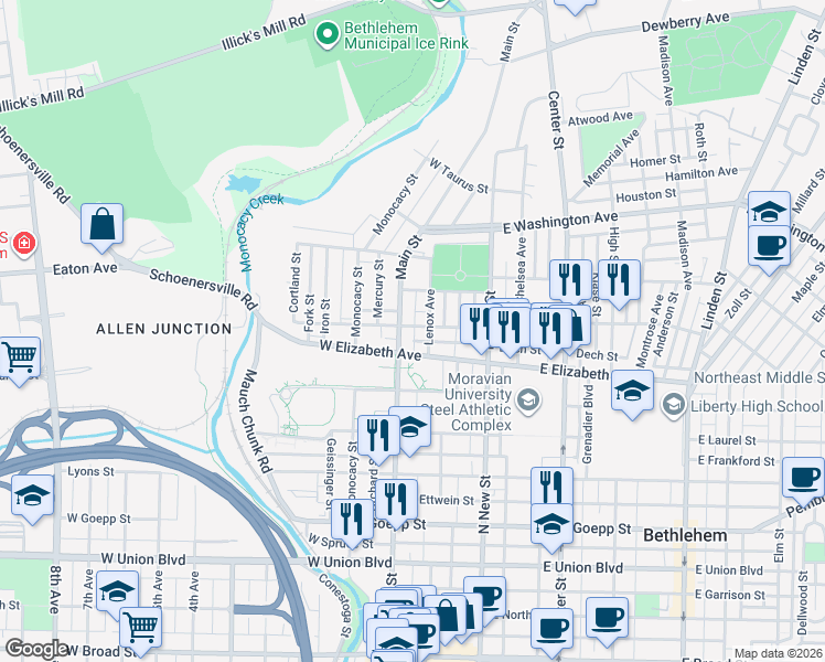 map of restaurants, bars, coffee shops, grocery stores, and more near 77 West Greenwich Street in Bethlehem