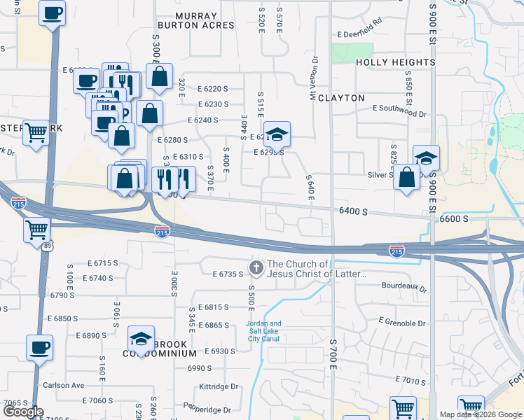 map of restaurants, bars, coffee shops, grocery stores, and more near 6563 South Lovendahle Court in Murray