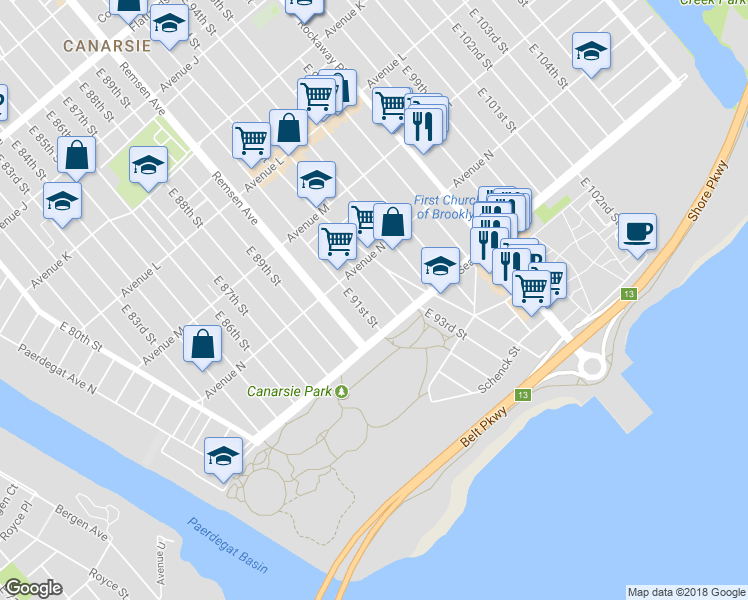 map of restaurants, bars, coffee shops, grocery stores, and more near 1648 East 92nd Street in Brooklyn